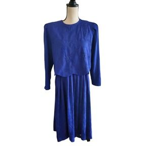 Vintage Karin Stevens Cobalt Blue Embroidered Beaded Button Back L/S Dress Sz 10